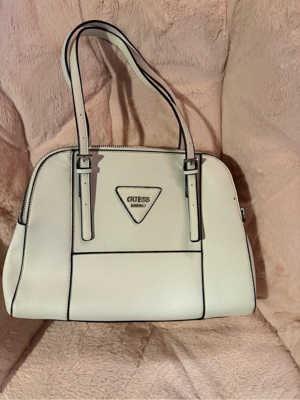 GUESS White Double-Handle Dome Satchel with Black Trim
